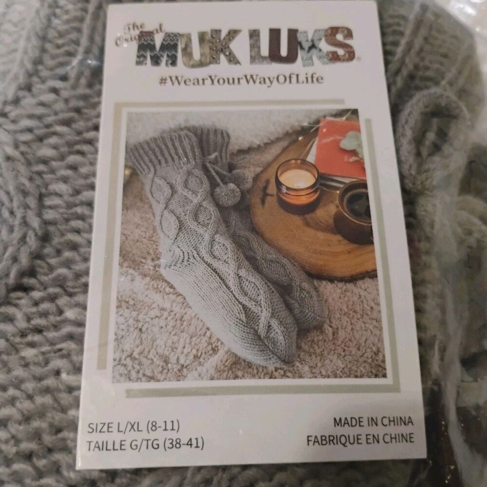 Muk Luks Slipper Socks Dark Grey Cable Knit Pom Pom Gripper Bottoms Size L XL